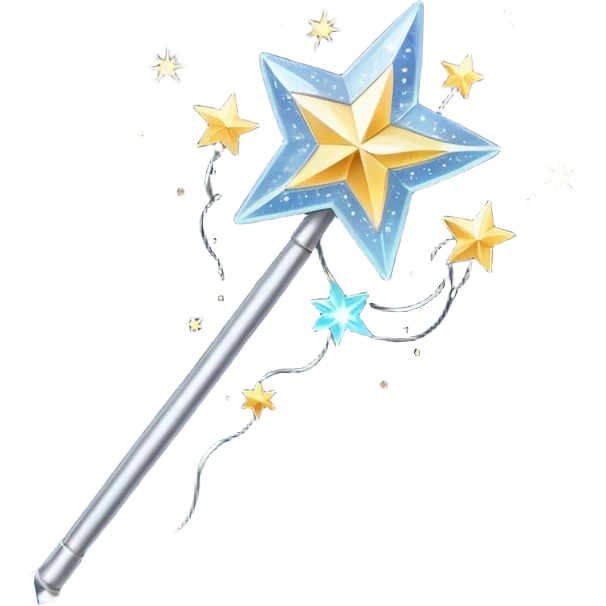 A long slender silver wand topped with a large glittering star, emitting glowing magical sparkles emoji