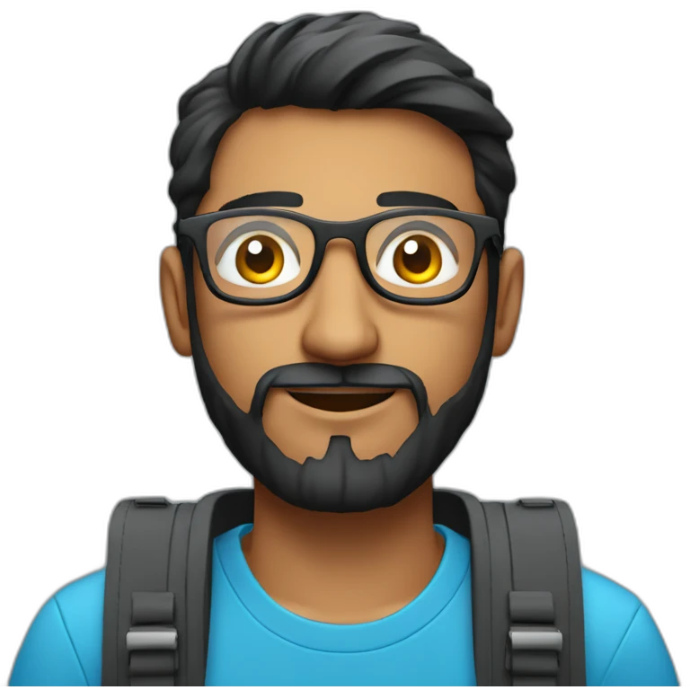 indian physics phd student holding a laser with a short beard and round glasses in a blue t shirt with black hair and a laptop bag emoji