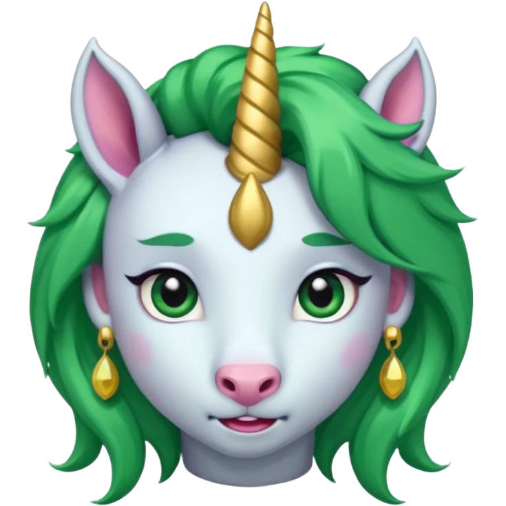 unicorn with green hair and big earrings looking into camera emoji