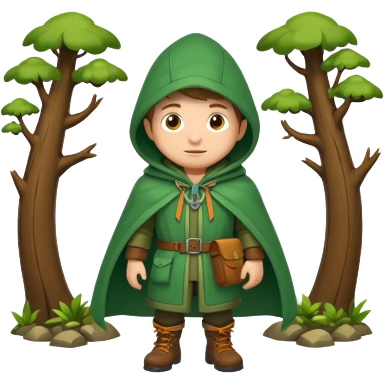 forest explorer hooded cloak object icon, green cloak with hood, leather straps, adventure vibe, 3D cartoon, mobile game icon style, centered, clean background, no text, no watermark
 
 emoji