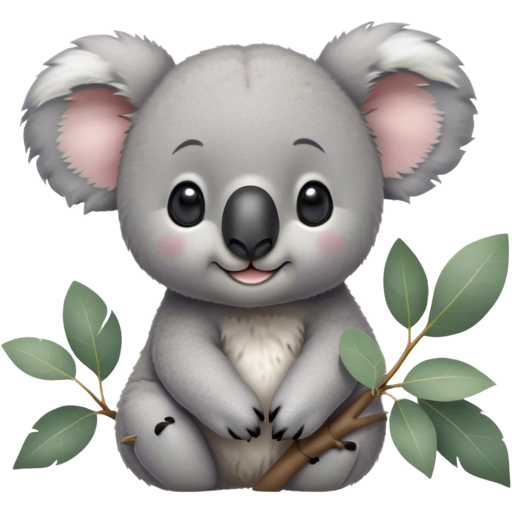 Cinematic Cute Koala Portrait Emoji, Head tilted playfully and inquisitively, featuring a fluffy grey fur with perky, rounded ears and a charming black nose, round, sparkling eyes filled with gentle curiosity, Simplified yet irresistibly adorable features, highly detailed, glowing with a warm, friendly glow, high shine, affectionate and cuddly, stylized with a touch of eucalyptus whimsy, bright and endearing, soft glowing outline, capturing the essence of a mischievous yet loving koala, so playful it feels like it could snuggle out of the screen into your arms! emoji