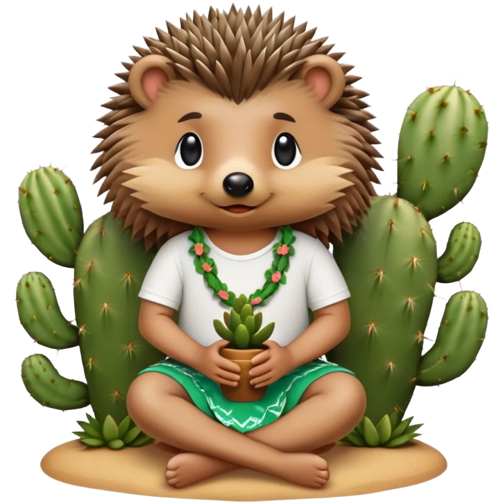 hedgehog sitting on a cactus wearing a hula shirt emoji