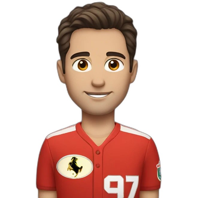 a young white man with no beard and very short dark hair and brown eyes in a red ferrari jersey emoji