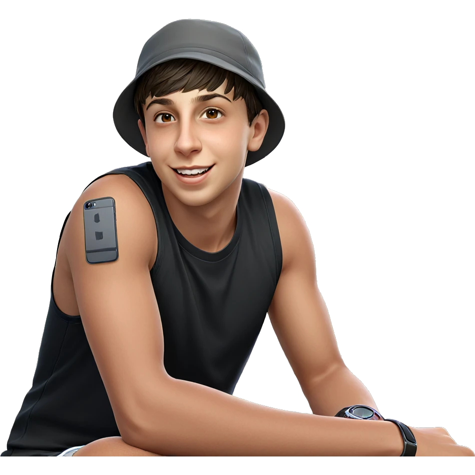 smiling boy outdoors with hat emoji