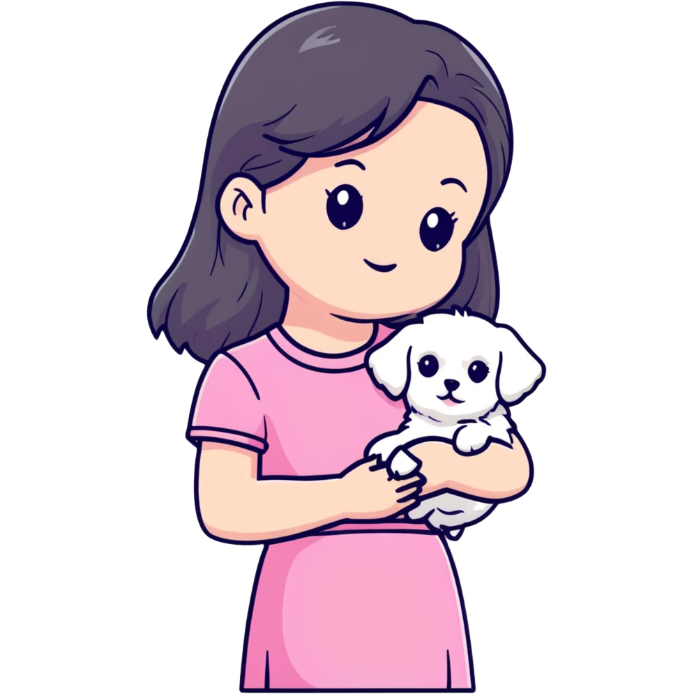 beautiful girl with long hair in pink top and skirt holding a small white Maltese puppy emoji