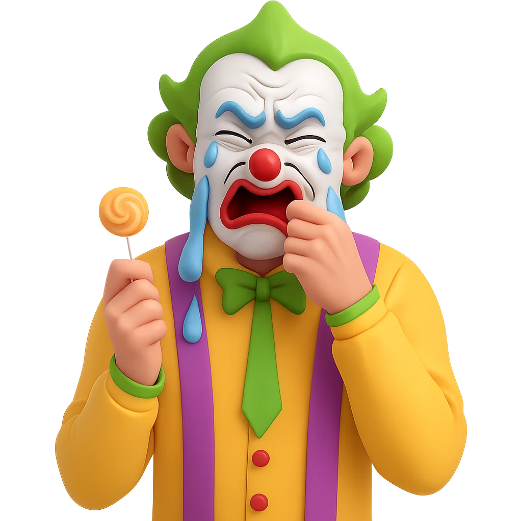 Make the ugly joker in the yellow jersey cry brutally out of envy, with exaggerated tears and a jealous, envious expression, still eating a lollipop, no background. Render in a style suitable for editing with transparent background. emoji