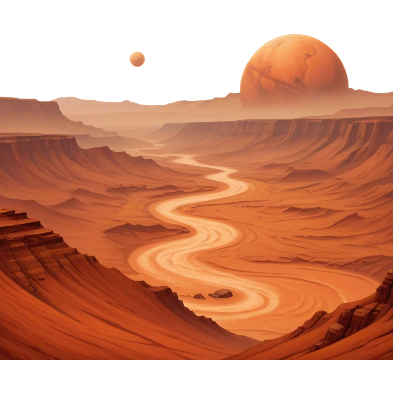 Cinematic Realistic Mars, portrayed with rugged, rust-colored landscapes, deep canyons, and swirling dust storms rendered with lifelike texture and an orange-hued glow that evokes the enigmatic allure of the Red Planet. emoji