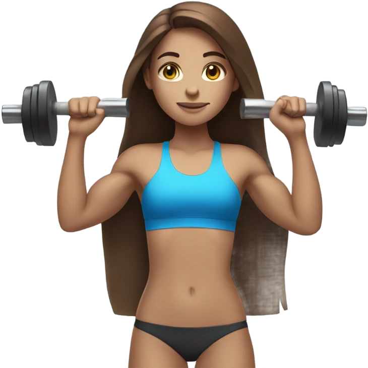 girl with long brown hair,  bright blue eyes, lifting weights emoji