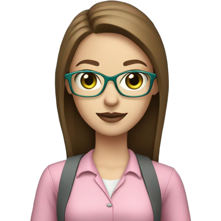 Female coding teacher featuring a laptop. She has long brunette hair, green eyes, pale skin, teal eye glasses, rose lips, and a pink feminine shirt emoji