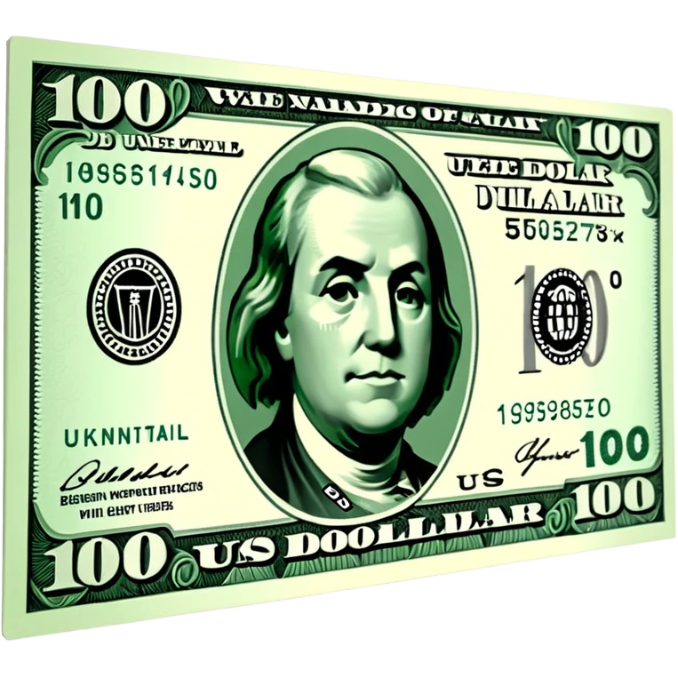3D realistic US 100 dollar bill sticker, slight perspective, centered, clean cutout, transparent background, no text, no watermark emoji