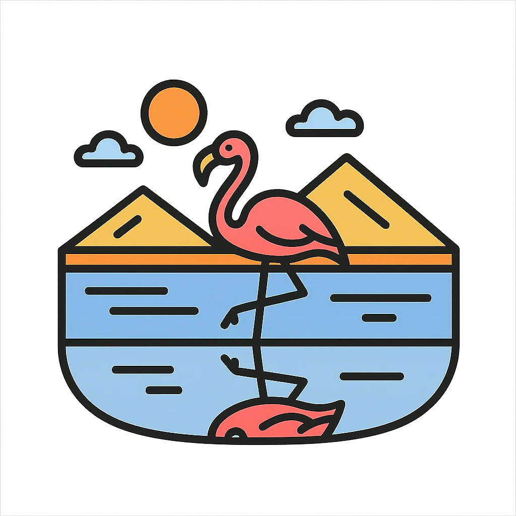 icon style of flamingo walking on Uyuni desert, reflected in salt lake, natural mystery and peacefulness emoji
