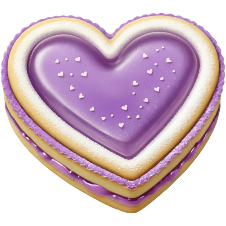 Realistic shortbread cookie in the shape of a heart with pale lilac color jelly middle filling and sprinkled powder sugar on top. emoji