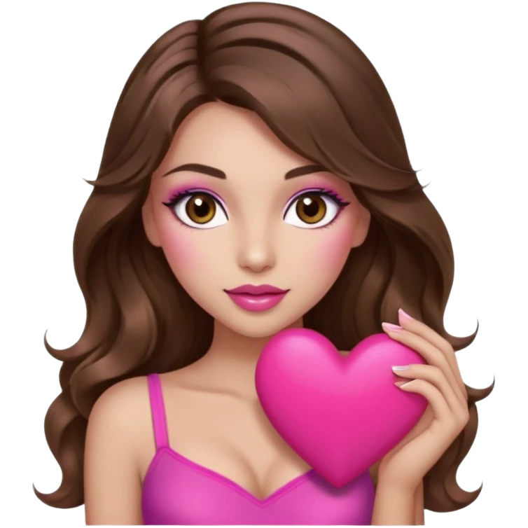 girl with long wavy brown hair, brown eyes, long lashes makeup, sexy pink lips, light to medium complexion, wearing a pink sexy top, holding a big heart emoji