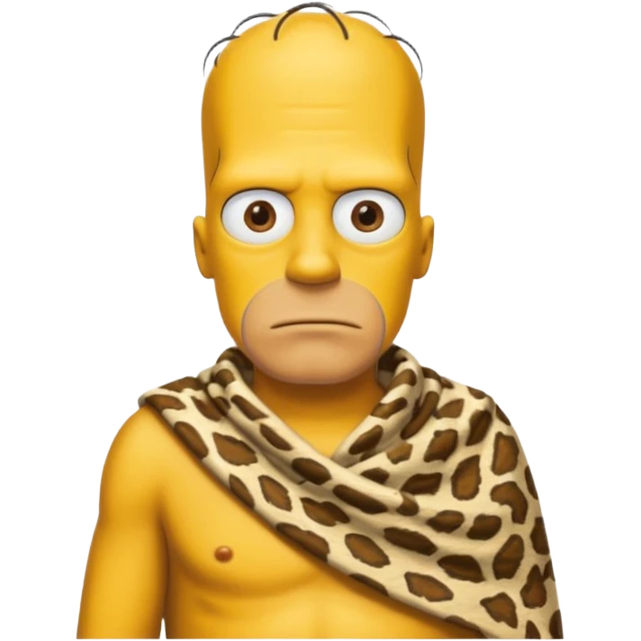 a simpson guy wearing ancient animal skin cloth, half body, icon, yellow skin emoji