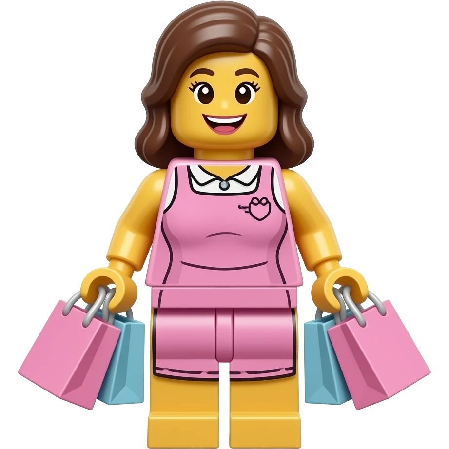 Create a lego minifig carriying shopping bags. It should be a female and she should be very happy. Make the bags pink. she should wear a dress emoji