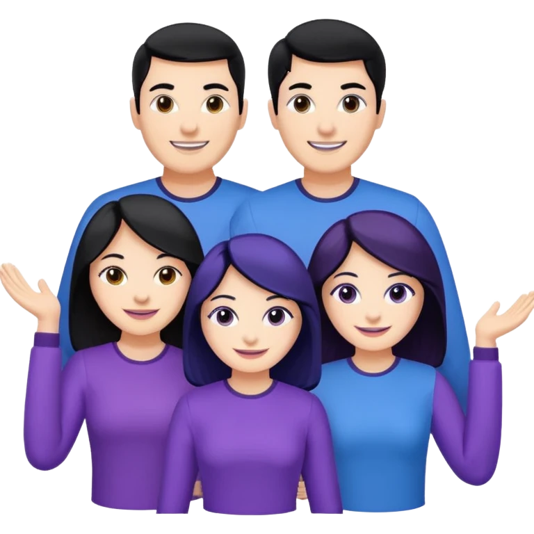 4people 2 men and 2 women. with black hair and white skin. ready to create a team. with blue and purple clothes emoji