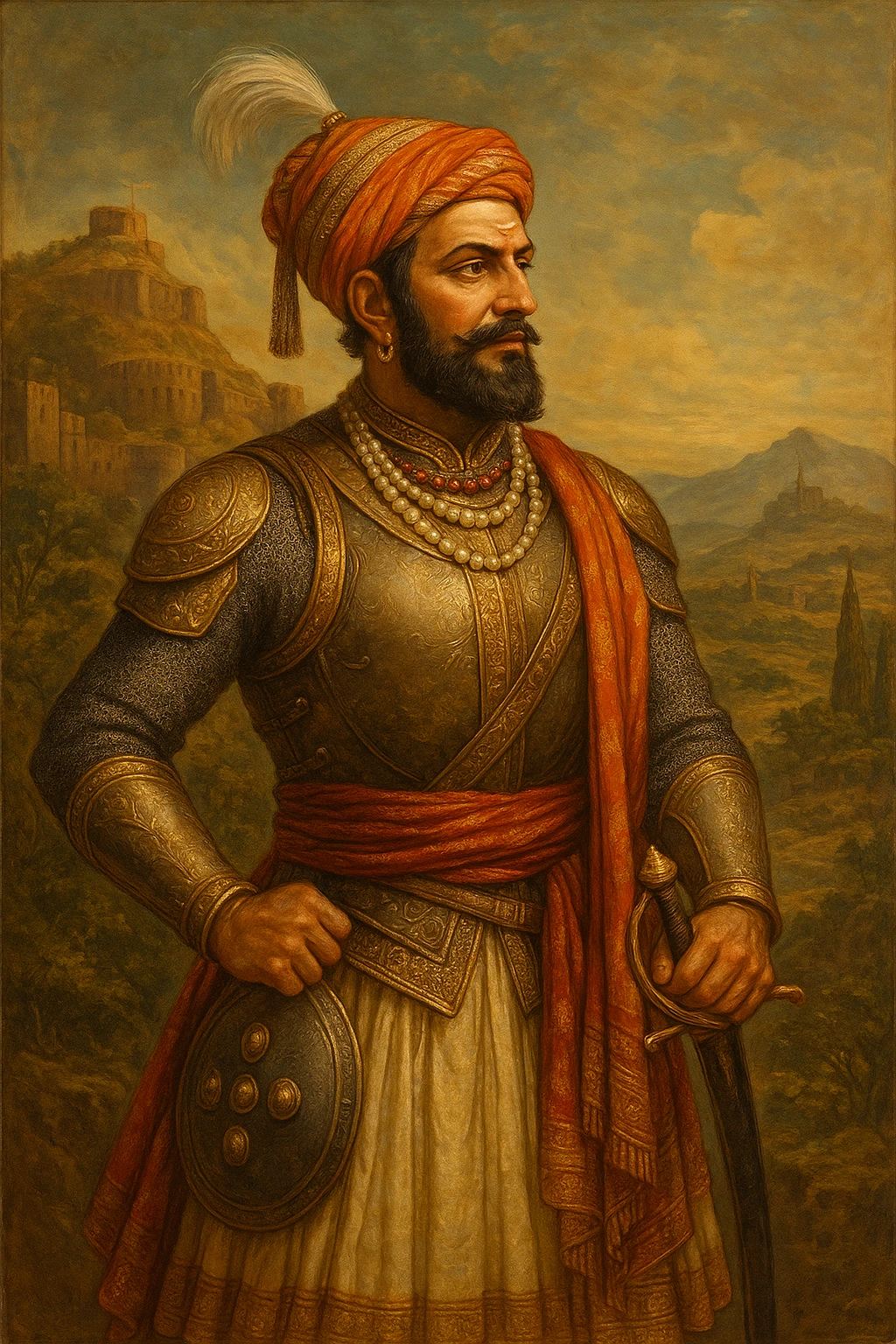 Shivaji Maharaj, iconic Indian warrior king, traditional Maratha attire, regal pose, historical details emoji