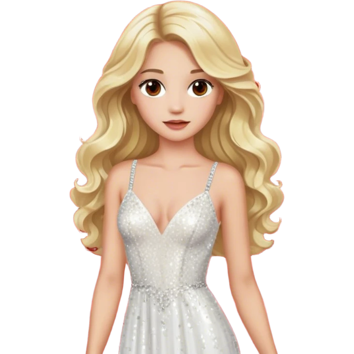 blonde model, brown eyes, long wavy hair, red carpet glam, white sequin gown emoji