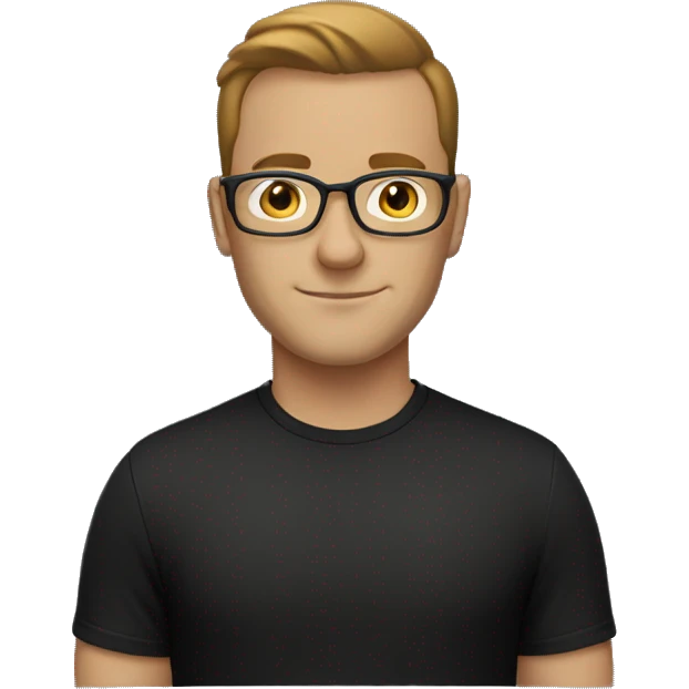 White male with brown side parting wearing glasses in a black t-shirt emoji