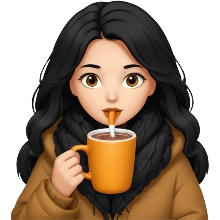 anned Girl with lashes , bright black long hair, in an extremely big fluffy oversized jacket, and drinking hot chocolate drink emoji