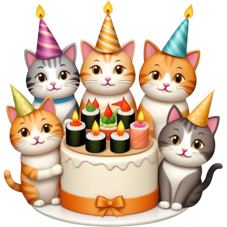 six happy cats wearing party hats celebrating a birthday party around a large cake made entirely of sushi with a candle on top emoji