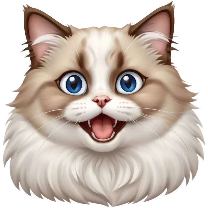cinematic-adorable-big-eyed-fluffy-brown and white ragdoll-cat-portrait-emoji,-head-tilted-playfully-with-a-cute,-yawn,-soft-brown-and white-colored-fur-with-darker-points-on-the-ears,-simplified-yet-irresistibly-cute-features, sparkling blue eyes emoji