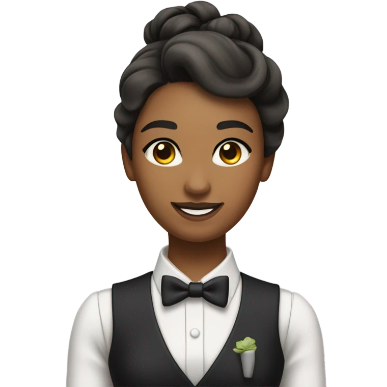 a female butler with a professional and elegant demeanor. She has her hair neatly tied in a ponytail and wears a classic butler uniform, including a tailored vest, crisp white shirt, and bow tie. emoji