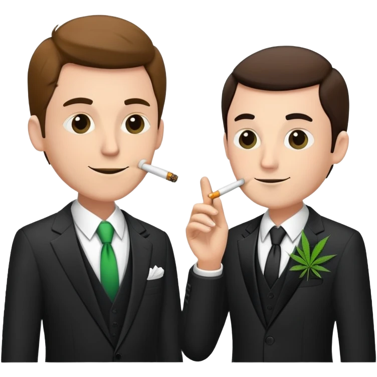 Two well-dressed men in suits crashing a wedding party, smoking cannabis emoji