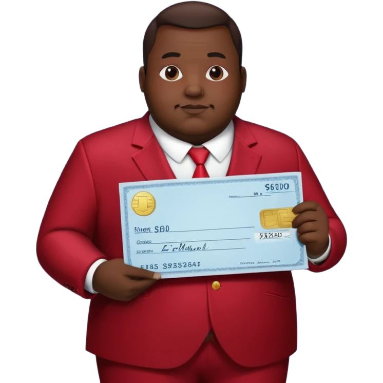 fat guy bold head in dark red velvet suit holding cheque emoji