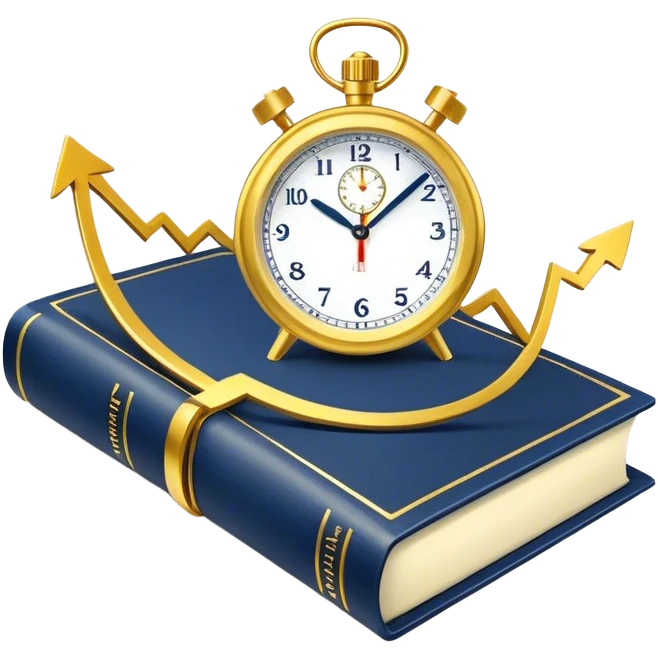 A navy blue productivity book with gold details, running clock and chart with upward trend aura, radiating productivity, strategy, and success in motion with time and happiness yellow emoji