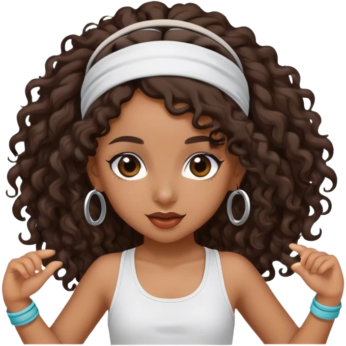 Dancing brown girl with long darn brown curly hair with headband hip hop emoji