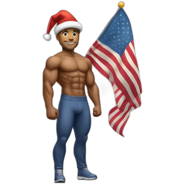 Create a full-body emoji of a muscular man, wearing a New Year's hat and holding a flag. emoji