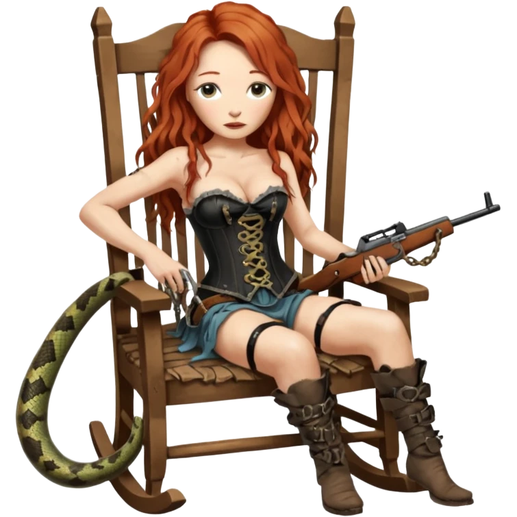 cinematic realistic ultra HD very old and tired Tori Amos casually crouches on a rocking chair in a torn corset, holding a double-barreled rifle and with muddy barefoot - a big snake wrapped itself around the chair emoji