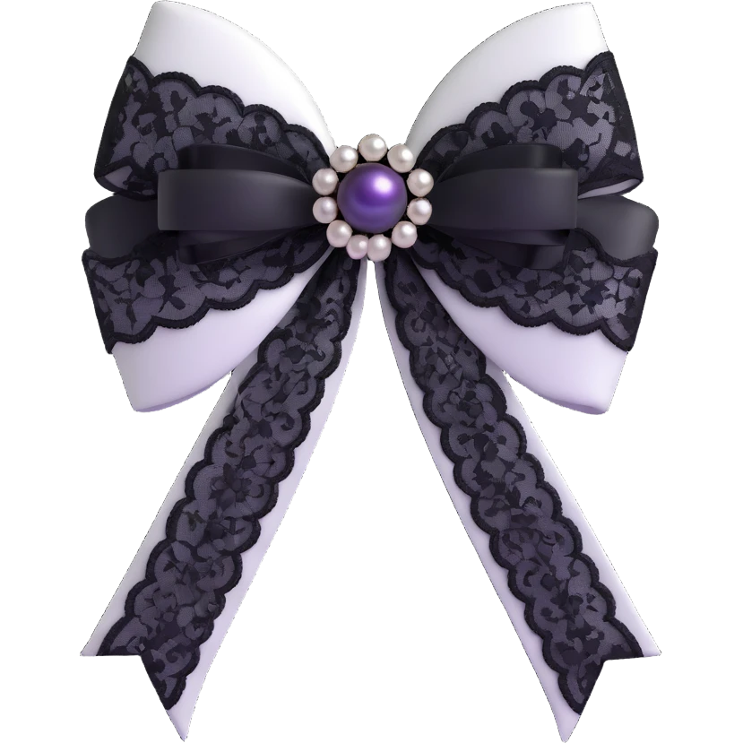 3D emoji gothic bow, white satin, silver cross charm, black lace trim, dark pearl details emoji