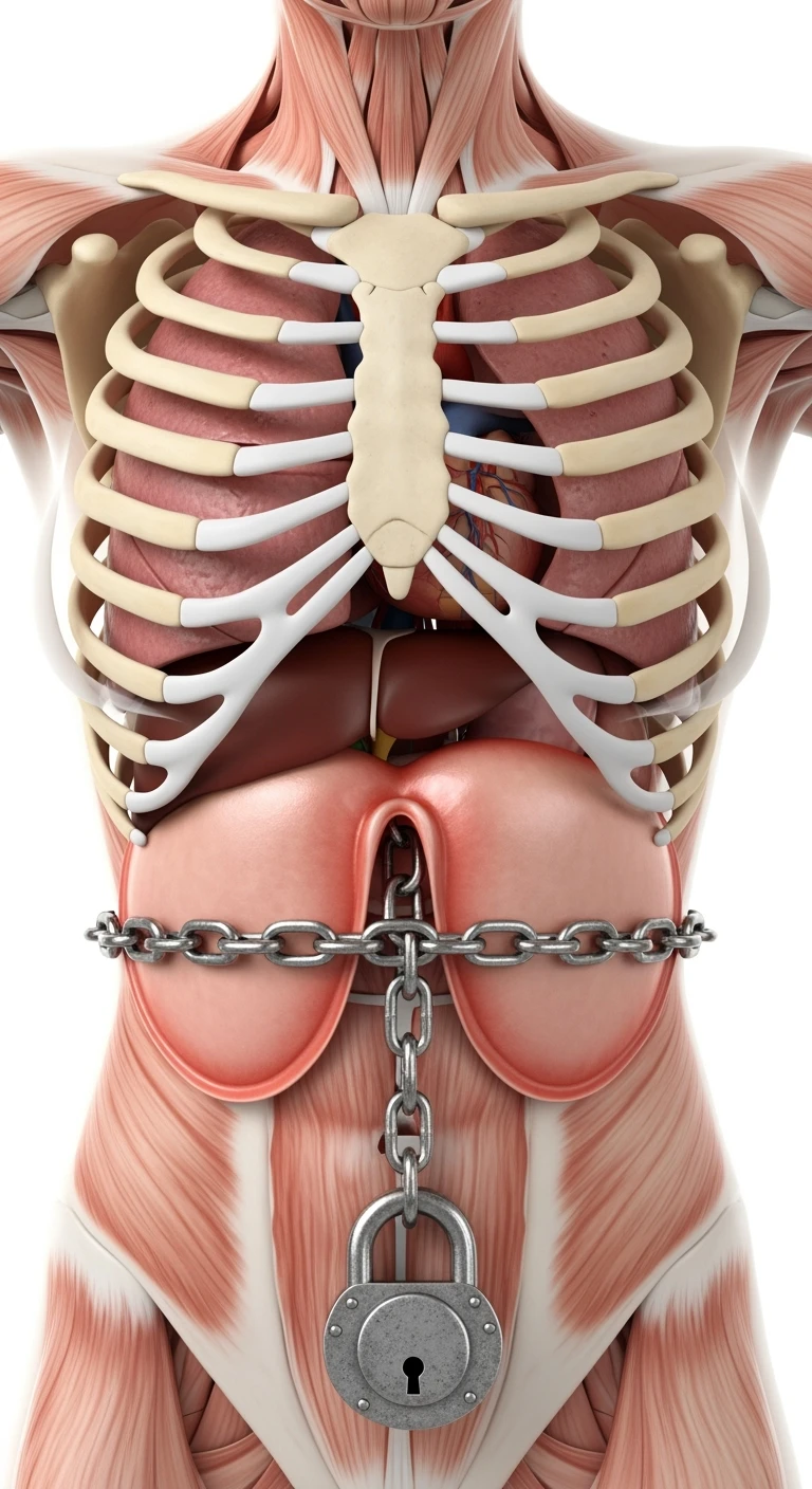 corpo umano anatomico di una donna con diaframma in evidenza, diaframma chiuso da catena e lucchetto, iperrealistica 4k, sfondo bianco emoji