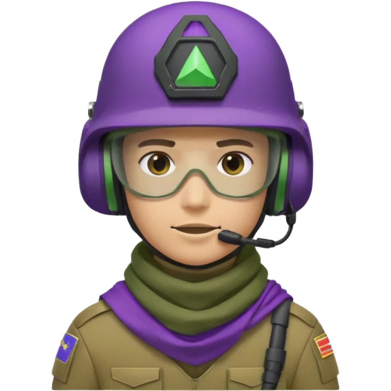 Реалистичный геймерский аватар в стиле военного комментатора: солдат в современном зелёном штурмовом шлеме с гарнитурой и закрытым тёмным забралом, без видимого лица, на шее фиолетовый платок/бафф треугольной формы. Справа от персонажа небольшая иконка видео , как кнопка стрима или записи. emoji