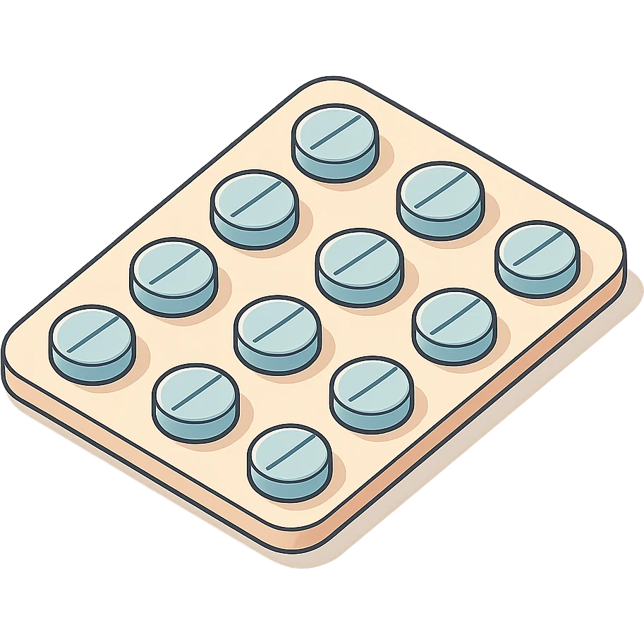 blister pack with round pills, 2D isometric style, soft rounded shapes, clean contours, pastel palette, detailed shadows and highlights, modern illustration emoji