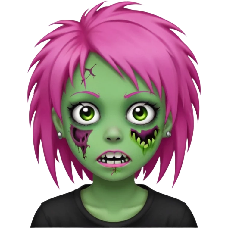 girl, green zombie, pink coily hair, medium long, emo, shaggy, dark, spooky, piercing on eyebrow, colourful teeth, creepy blank expression emoji