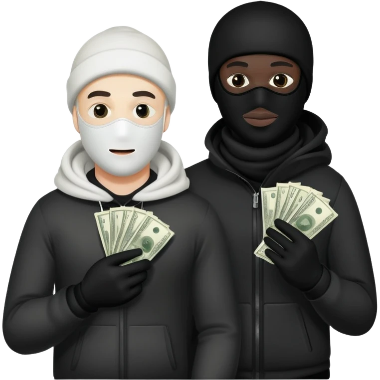 Two men one with white skin color and the other black skin color and both wearing black Ski masks holding money bag emoji
