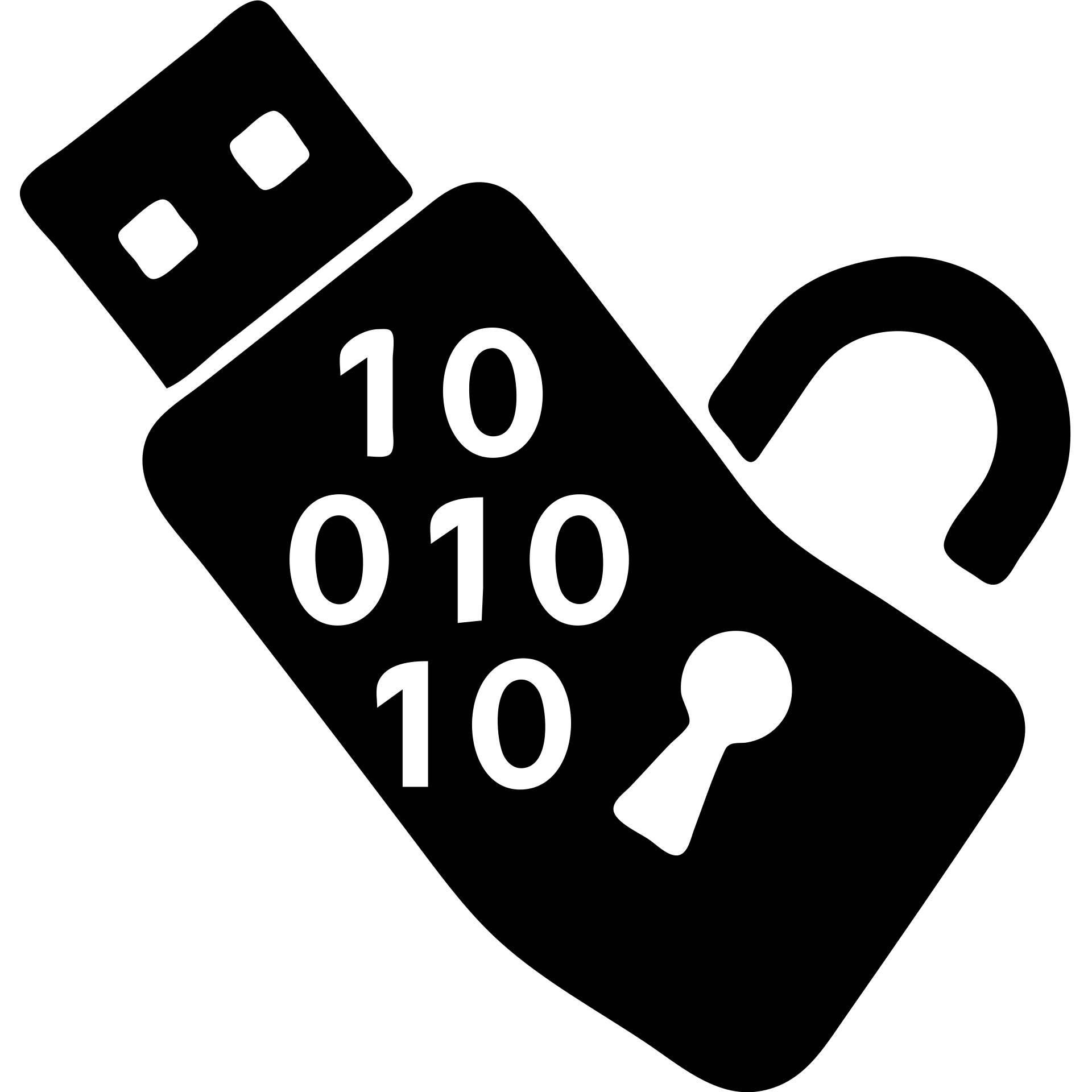 solid icon of a USB drive and broken lock fused as one object, tilted down-left, transparent effect, black and gray, with visible 1s and 0s inside emoji