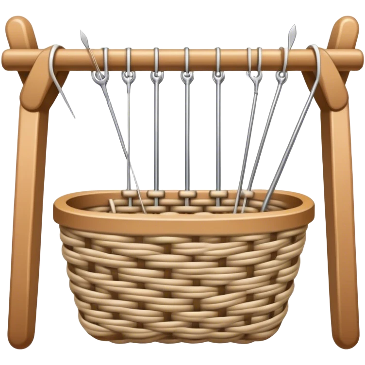 Weaving icon, various types of weaving such as basket weaving, macramé, and loom weaving, showing intertwined threads or ropes, weaving tools like shuttle, crochet hook, and loom, minimalistic style, clean lines, transparent background. emoji