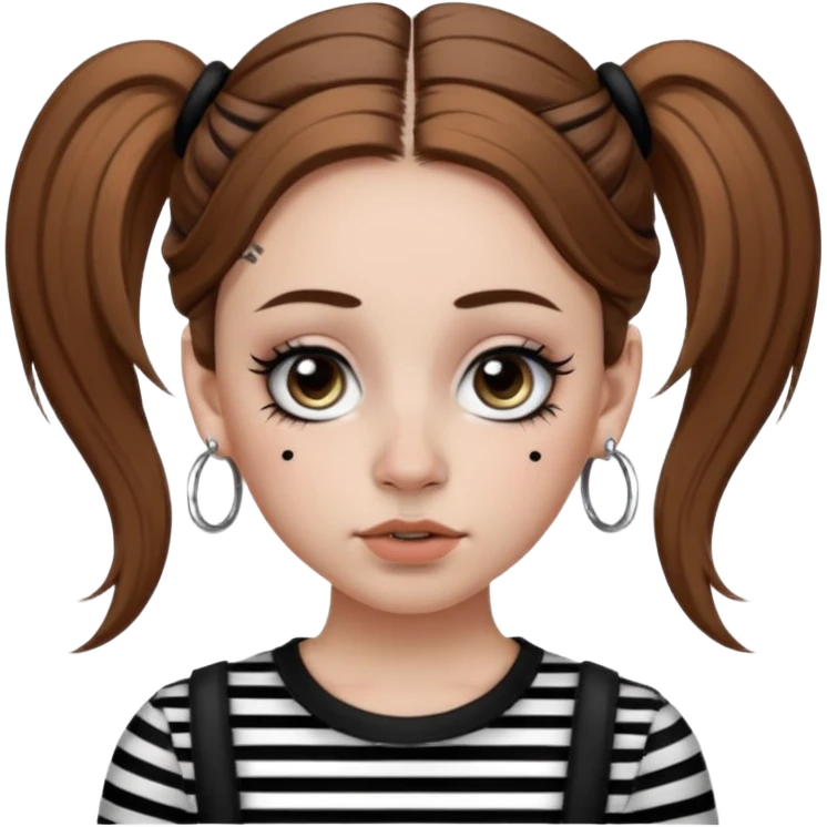 a white girl with brown hair in very low pigtails black eyeliner big false eyelashes with a septum piercing nose piercing big hoop earings dermals close to the eyes one on each side wearing a black and white striped long sleeve shirt emoji