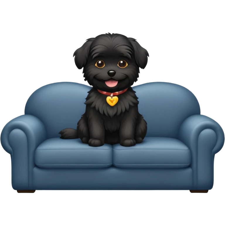 Black Maltese dog on couch with a smile emoji