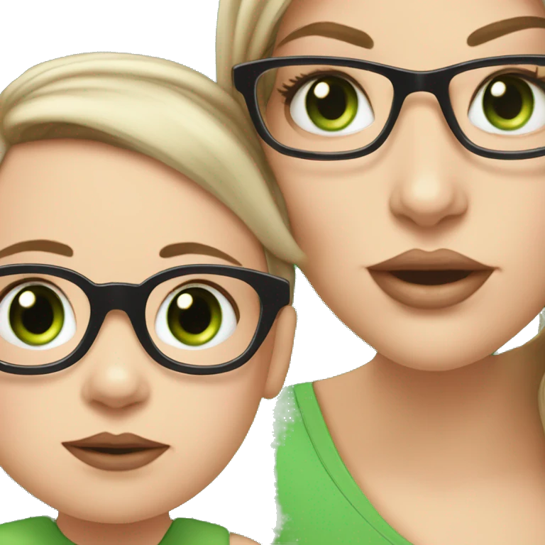White girl with Black not that long straight hair, with green eyes and glasses, big lips is holding her white, one year old green eyes baby son emoji