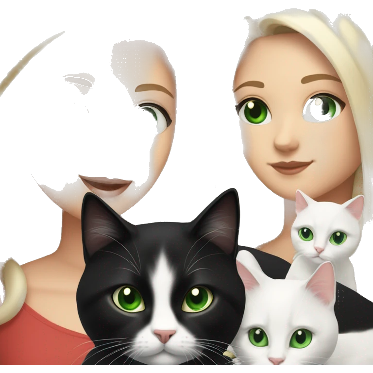 White Girl Black shoulder length hair Green Eyes with 2 cats, one white Cat and black Details on the Head and the other cat is a norwegian cat emoji