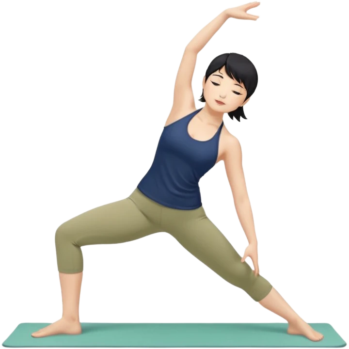 키는 작은편이고 앞머리 없는 단발머리야. 옆머리는 있고 요가를 좋아해. 남색 홀터넥을 많이 입고 민트색 요가바지를 자주 입어. 머리색은 검정색이고 하타요가를 좋아해. 바지색은 연한 연두색이고 요가매트는 카키색이야 emoji