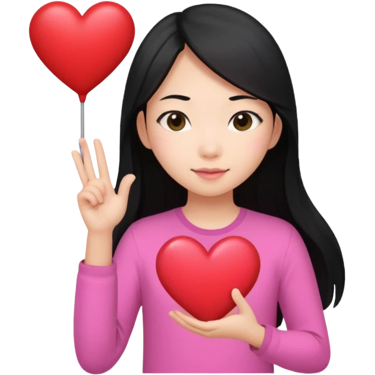 Asian girl long pink shirt hair with heart sign emoji