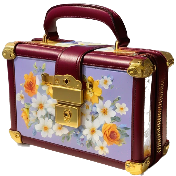 Dolce and Gabbana small burgundy box bag with colourful light lavender blue white yellow orange summer print and golden detais   emoji