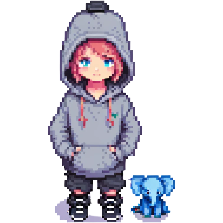 pixel art child with hoodie, elephant in hoodie, black shoes, top hat, blue eyes emoji