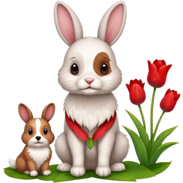 Bunny sitting with a dog and tulips emoji